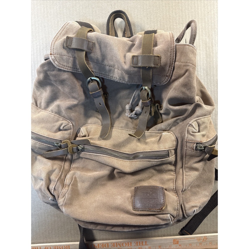 Augur Jans Canvas Leather Backpack Beige Brown Hiking Rucksack Drawstring Bag